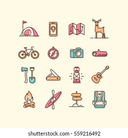 Set of icons and symbols for camping, hiking and outdoor recreation.. Vector illustration.