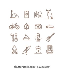 Set of icons and symbols for camping, hiking and outdoor recreation.. Vector illustration.