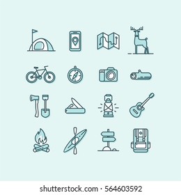 Set of icons and symbols for camping, hiking and outdoor recreation.. Vector illustration.