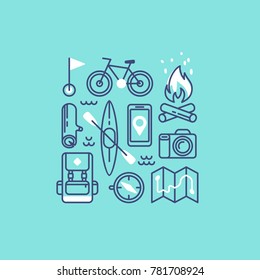 Set of icons and symbols for camping, hiking and outdoor recreation.. Vector illustration.