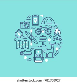 Set of icons and symbols for camping, hiking and outdoor recreation.. Vector illustration.