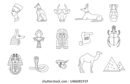 Set of icons, symbols of Egypt. A collection of images embodying the history, ancient and modern history and culture of Egypt and promoting tourism and travel.