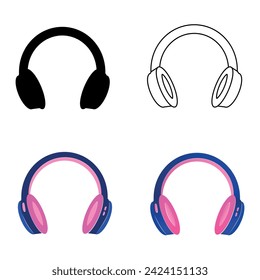 set of icons and symbols with headphones. colored headphones and silhouette. logo
