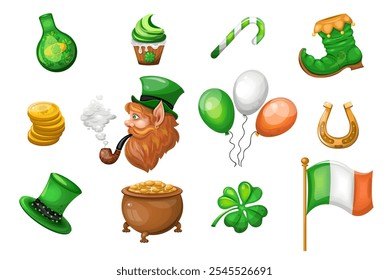 Conjunto de iconos y símbolos del Día de San Patricio de Irlanda. Dibujo a mano. Aislar sobre un fondo blanco. Ilustración vectorial.