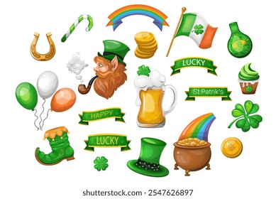 Conjunto de iconos y símbolos de Irlanda Dibujo a mano del Día de San Patricio. Aislar sobre un fondo blanco. Ilustración vectorial.