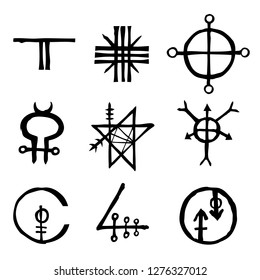 Set of icons and symbols letters inspired on the theme of magic and witch craft occult alchemy, mystic, esoteric religion and mason, isolated. Flesh tattoo ideas. Vector. 