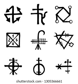 Set of icons and symbols letters inspired on the theme of magic and witch craft occult alchemy, mystic, esoteric religion and mason, isolated. Flesh tattoo ideas. Vector. 