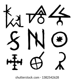 Set of icons and symbols letters inspired on the theme of magic and witch craft occult alchemy, mystic, esoteric religion and mason, isolated. Flesh tattoo ideas. Vector. 