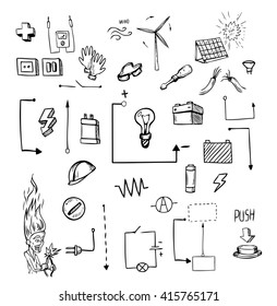 Set of icons and symbols on the subject of electricians. Vector illustration on white background. Hand-drawn style