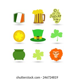 Set of icons and symbols for Patrick's Day decoration - vector illustrations leprechaun banner, clover, cauldron, irish flag, green hat and pint of ale