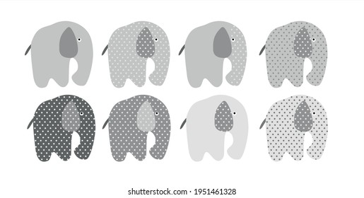 
set of icons, symbols of pictures of various elephants in polka dots