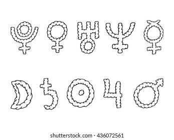 Set of icons symbols planets isolated on white background.