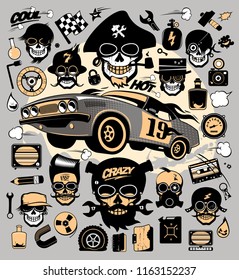 Set of icons and symbols with race car, repair tools, steampunk monsters, music and garage symbols