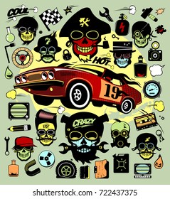 Set of icons and symbols with race car, hipsers, music symbols etc.