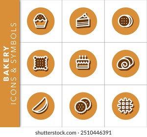 Conjunto de ícones e símbolos relacionados com o dia da padaria com uma sombra sobre um fundo laranja.
