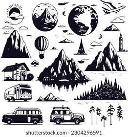 A set of icons and symbols related to travel and tourism