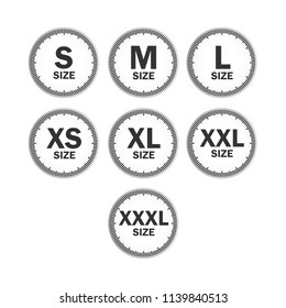 set icons symbols size clothing, literal measurement standard clothing size from big to small s xxxl sticker, vector template label.