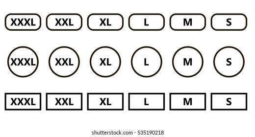 set icons symbols size clothing, literal measurement standard clothing size from big to small s xxxl sticker, vector template label.