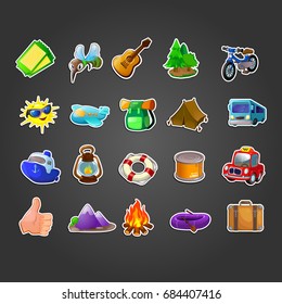 Set of icons and symbols for tourism and travel, camping, hiking and outdoor recreation. Vector illustration.
