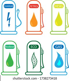 Set Of Icons, Symbols Of Various Types Of Gas Stations (electric Charging, Petrol, Diesel, Gas, Biodiesel, Eco Gas Station).  
Colored Design Of Gas Stations