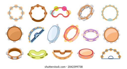 Set of Icons Tambourines Percussion Musical Instrument of Different Design. Bell Drum for Folk Music and Carnival Performance Design Elements Isolated on White Background. Cartoon Vector Illustration