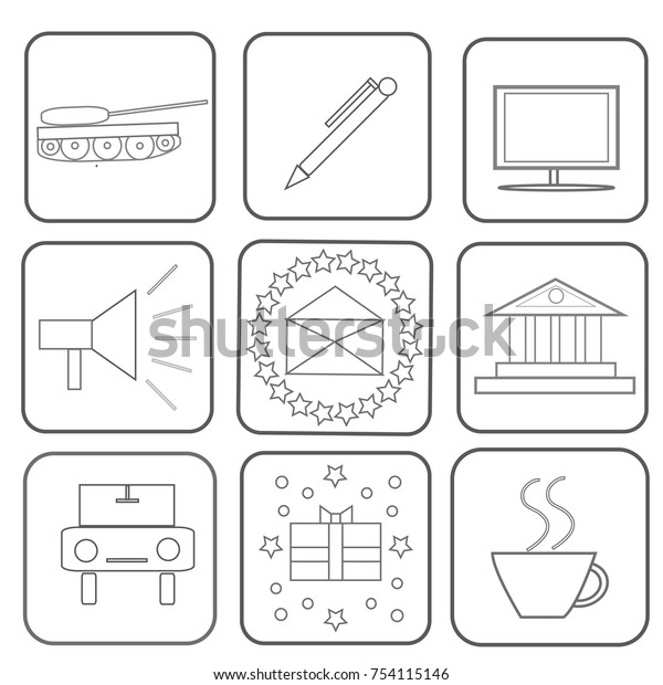 Set of icons of a tank, pen, TV, megaphone, shout,\
cover, building, car, gift box, coffee cup. Retro image. Print for\
the designer. Gift card, badge. The avatar element for the player.\
A business card