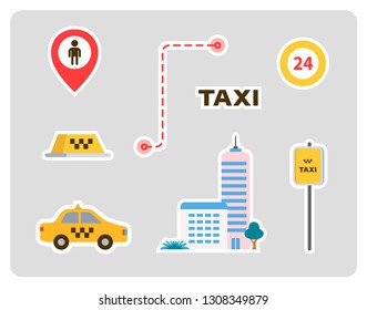 set of icons for a taxi. car, home, signs, labels with strokes. flat design. vector illustration.