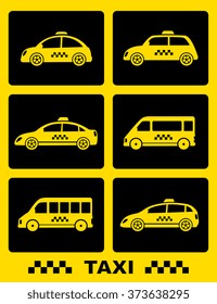 set icons with taxi car on black buttons on yellow background
