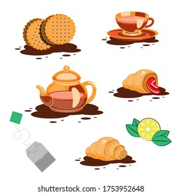 Set of icons tea bag Cup croissants cookies teapot lemon on a white isolated background. Vector image eps 10