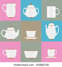 set of icons - tea set - tea and coffee cups and pots, sugar bowl, package candy, mug, saucer - stock vector