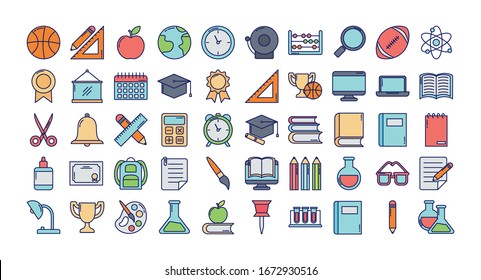 set of icons teachers day, line and fill style icon vector illustration design