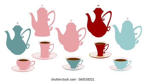Set of icons of teapots, coffee pots and cups. Differently colored tableware for tea and coffee.