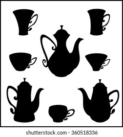 Set of icons of teapots, coffee pots and cups. Vector isolated black tableware for tea and coffee.