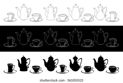 Set of icons of teapots, coffee pots and cups.  Black and white tableware for tea and coffee.