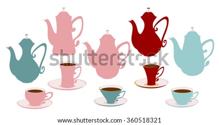 Set of icons of teapots, coffee pots and cups. Differently colored tableware for tea and coffee.