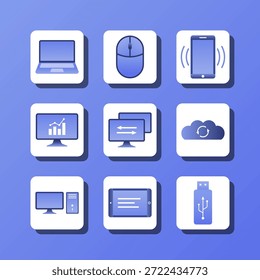 Un conjunto de iconos para dispositivos tecnológicos como computadoras portátiles, teléfonos celulares y tabletas
