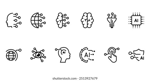 conjunto de iconos de la línea de la tecnología, intelecto artificial, mente, Ilustración vectorial.