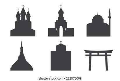 Set of icons of temples. Churches, pagoda, sin to, Jewish synagogal, mosque.