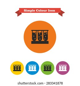 Set of icons with test tubes filled with bubbling liquid, with text on red ribbon