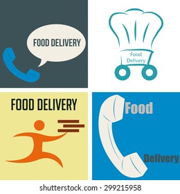 Set of icons with text and different elements. Food delivery. Vector illustration