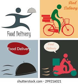 Set of icons with text and different elements. Food delivery. Vector illustration