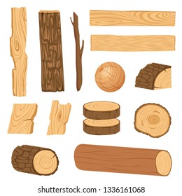 Set of icons of textured wooden boards, bars, and parts of a tree. Vector modern illustration