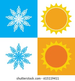 A set of icons that can represent summer and winter or the concept of hot and cold. An ornate snowflake is used for the cool element and a sun is for the heat.