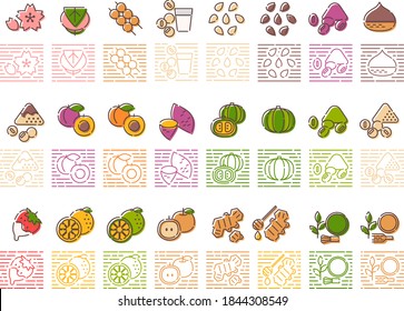 A set of icons that explain the taste, ingredients, and flavor of sweets.(Ingredients that can be eaten in Japan)