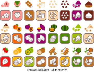A set of icons that explain the taste, ingredients, and flavor of sweets.(Ingredients that can be eaten in Japan)