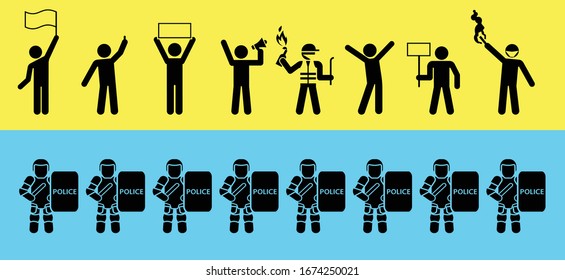 Set of icons that represent confrontation between police and demonstrators. Political Protests. Protesters pictogram concept. 
