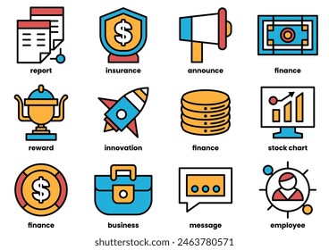 A set of icons that represent various business concepts. The icons include a rocket, a suitcase, a computer monitor, a microphone, a dollar sign, a trophy, a person, a computer keyboard