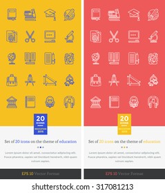 Set Icons theme of education and learning. Knowledge and study, learning school, science and book, cap and art, music math drawing, compass and globe illustration. Set of thin, lines icons