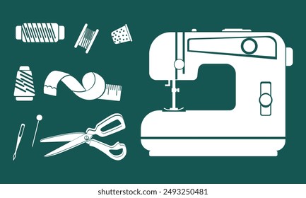 Set of icons in the theme of sewing sewing machine, tailoring and sewing, a white flat set of isolated vector illustrations on blue. Sewing machine, thread, needles, thimble, scissors, measuring tape