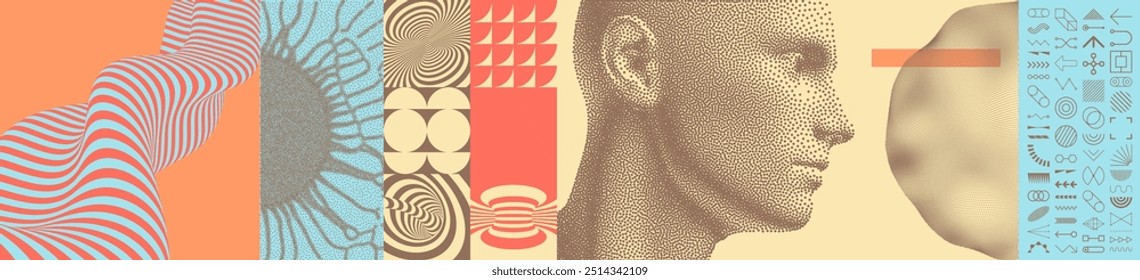 Um conjunto de ícones no estilo de linha fina. A cabeça de um homem é formada por pontos. O cientista está pensando. O conceito de descoberta ou exploração. Padrão com ilusão ótica. Padrão listrado com ilusão ótica. 
